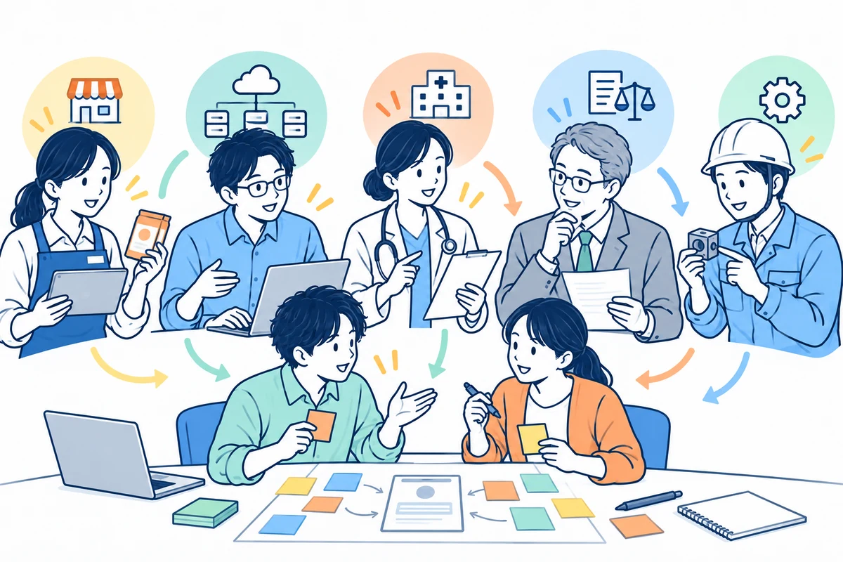 小売、IT、医療、士業、製造業で働く人たちが、それぞれの立場から意見を持ち寄る様子
