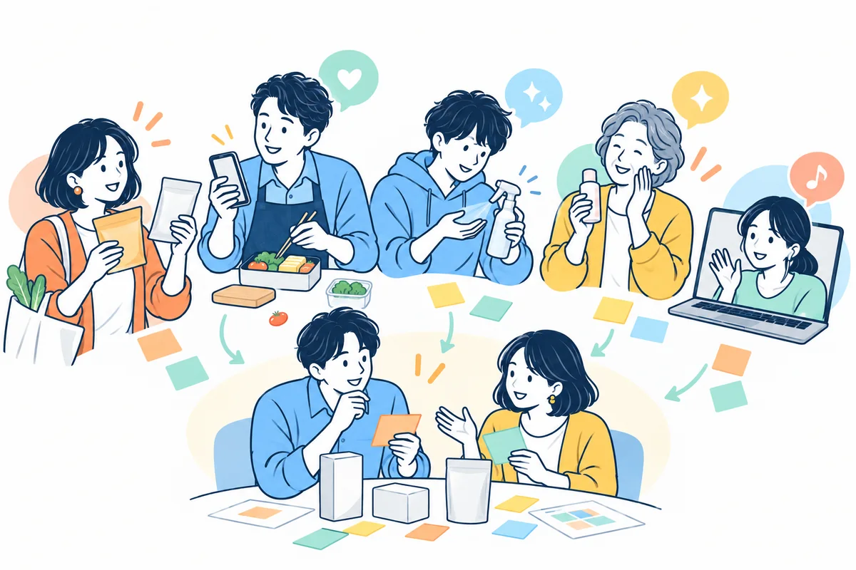 さまざまな年齢や暮らしの生活者が、商品への率直な反応をマーケティング担当者へ伝える様子