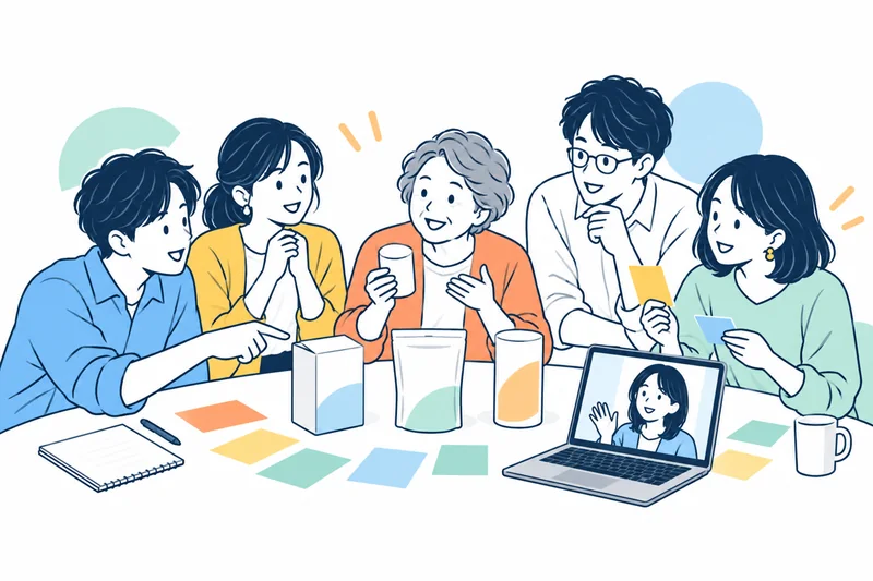 異なる世代の生活者とマーケティング担当者が商品パッケージを一緒に検討する様子