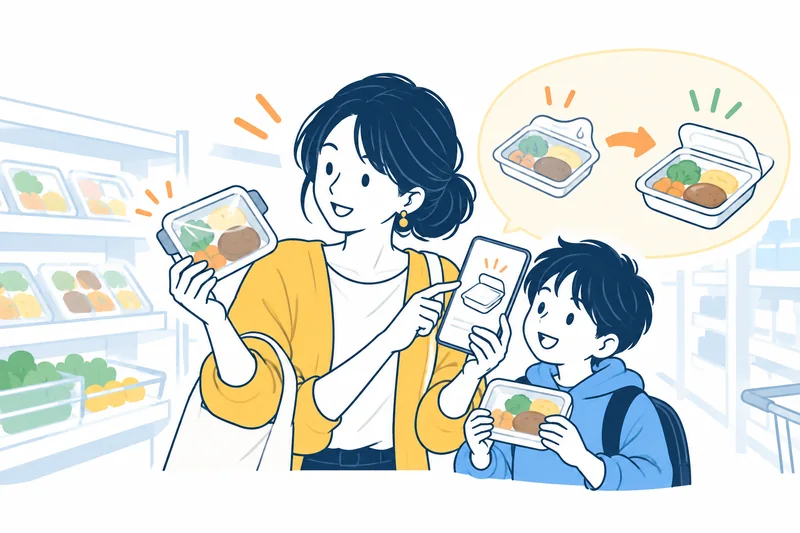 母親と子どもが売場で商品を比較し、使いやすいパッケージを提案する様子