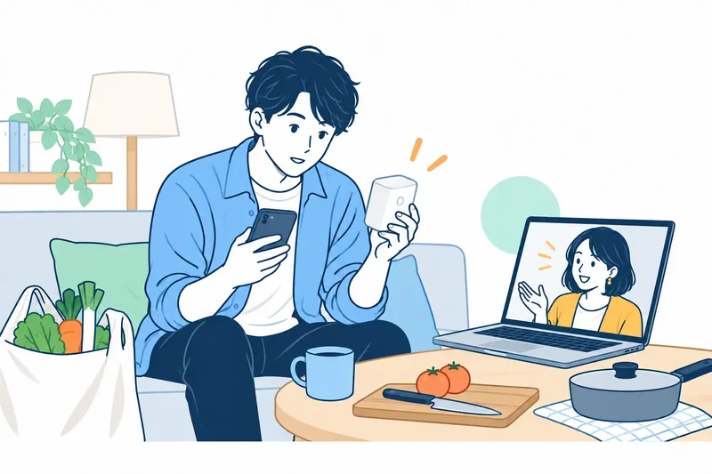 一人暮らしの男性が自宅で製品を試し、オンラインで感想を伝える様子